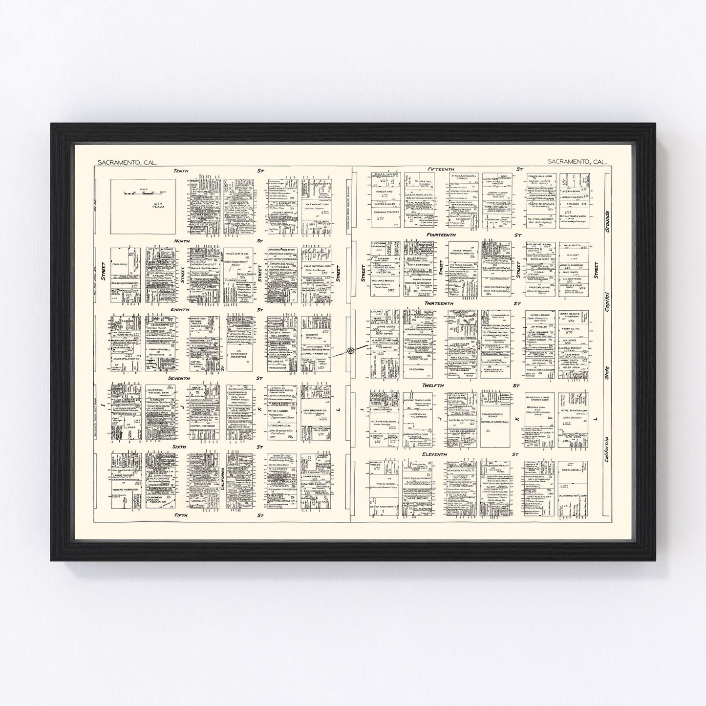 Vintage Map of Sacramento, CA Business Section 1929