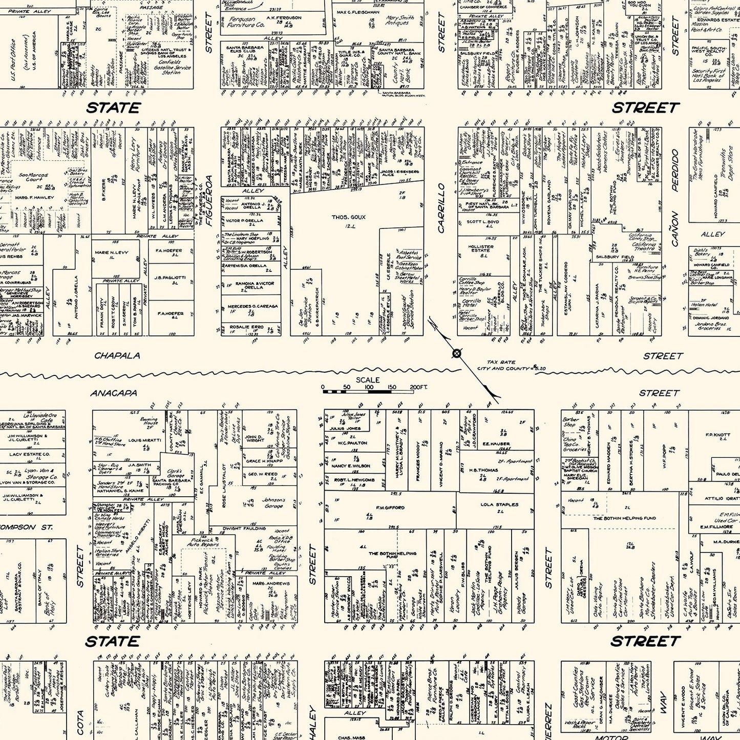Vintage Map of Santa Barbara, CA Business Section 1929