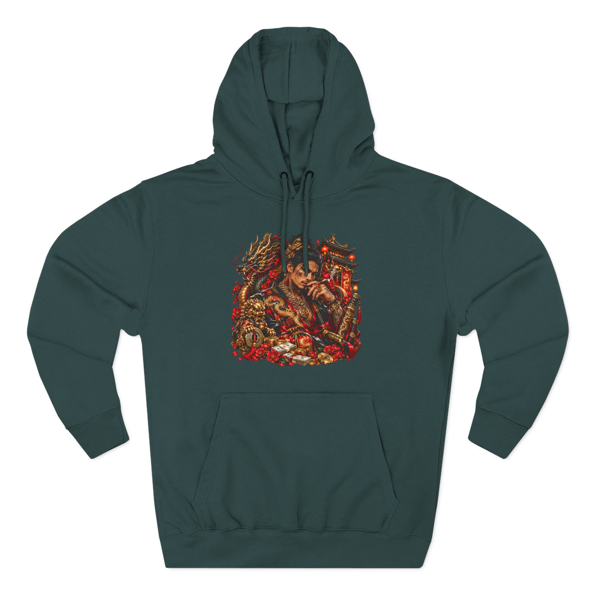 Dragon Battle Hoodie — Three-Panel Fleece Hooded Sweatshirt with Fiery Fantasy Artwork