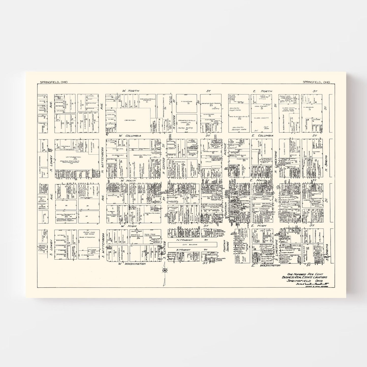 Vintage Map of Springfield, OH Business Section 1929
