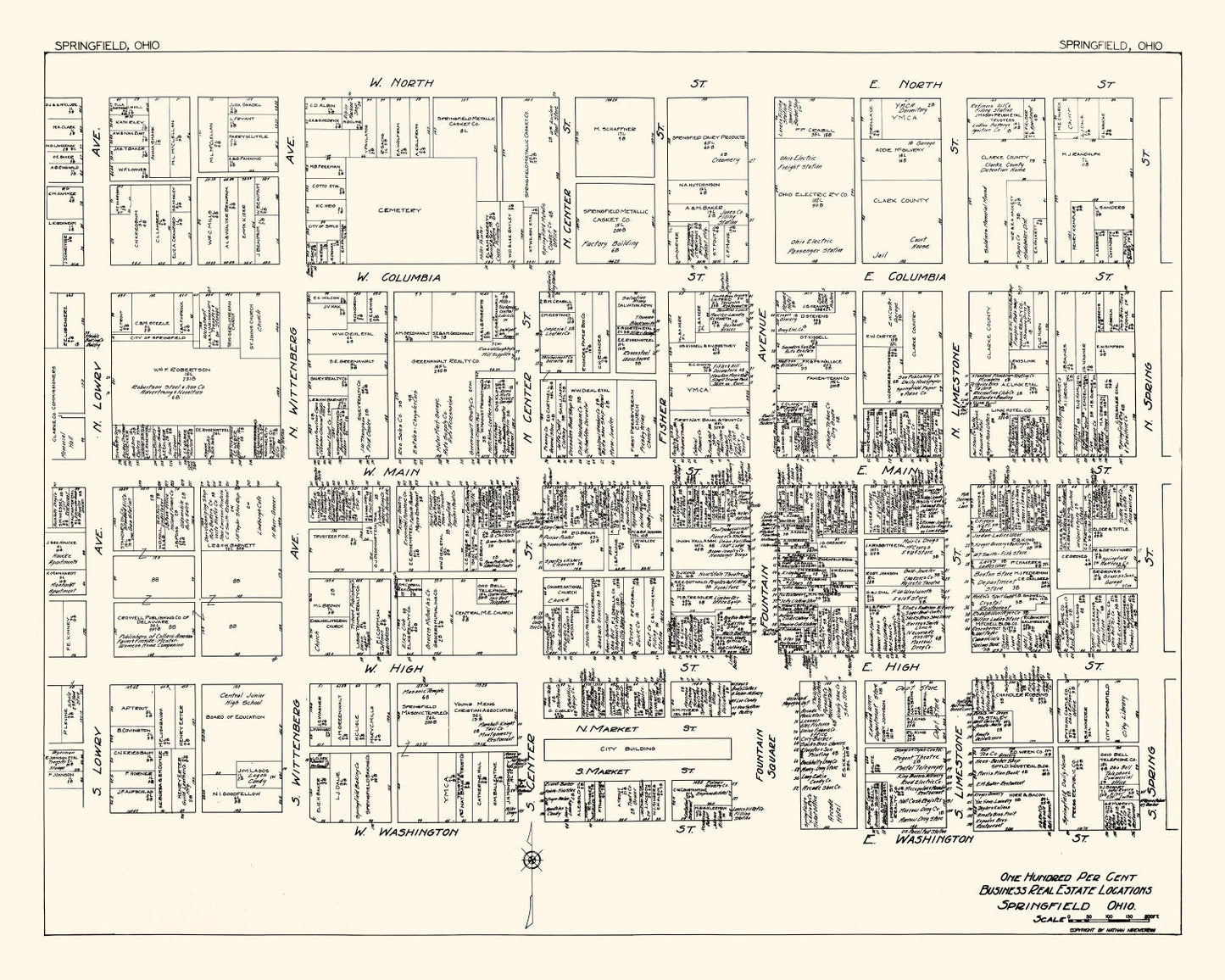 Vintage Map of Springfield, OH Business Section 1929