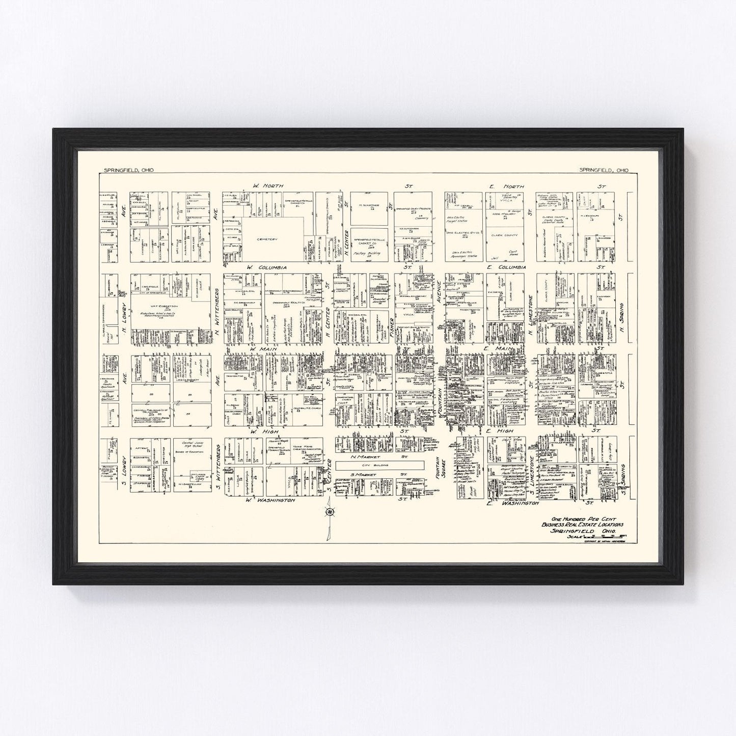Vintage Map of Springfield, OH Business Section 1929