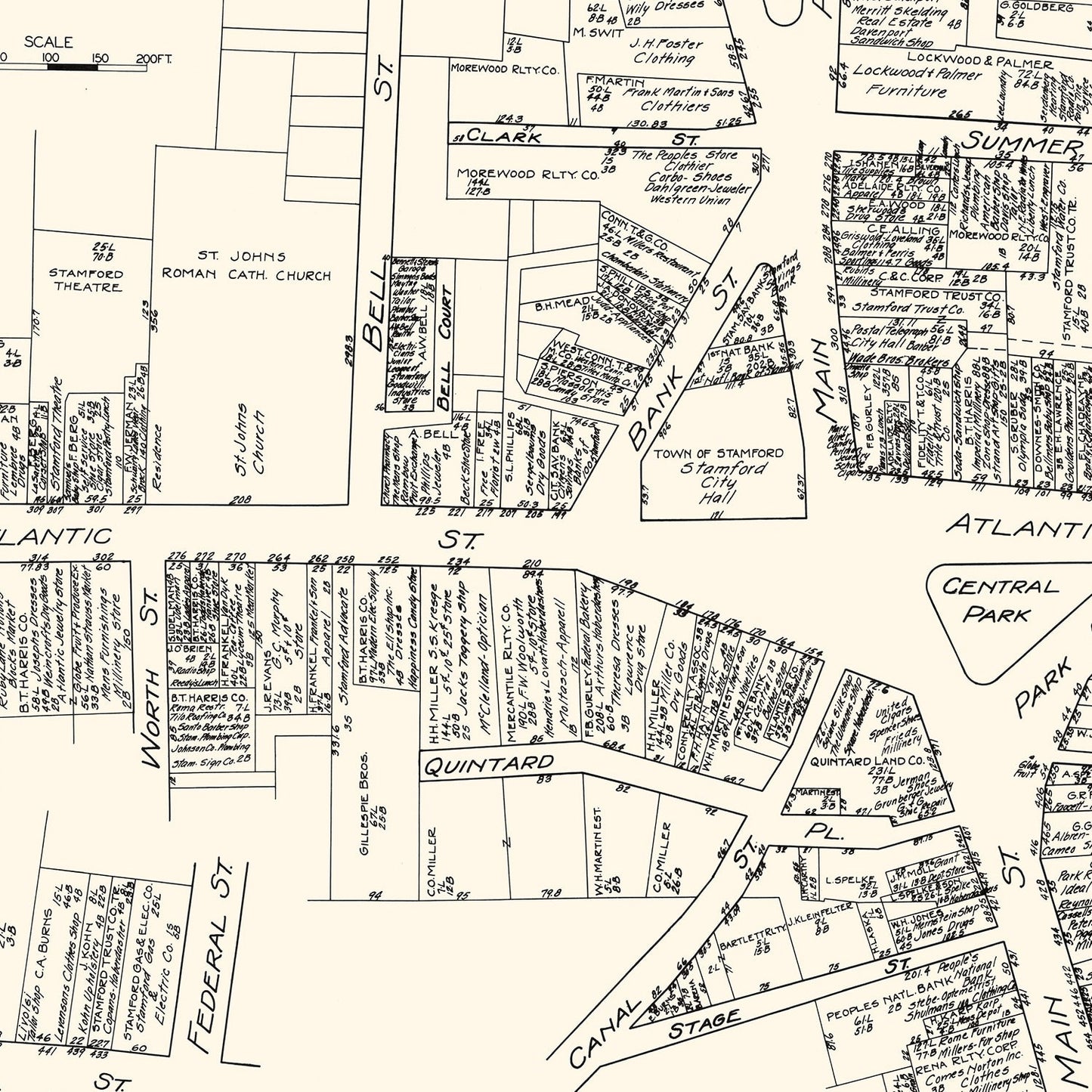 Vintage Map of Stamford, CT Business Section 1929