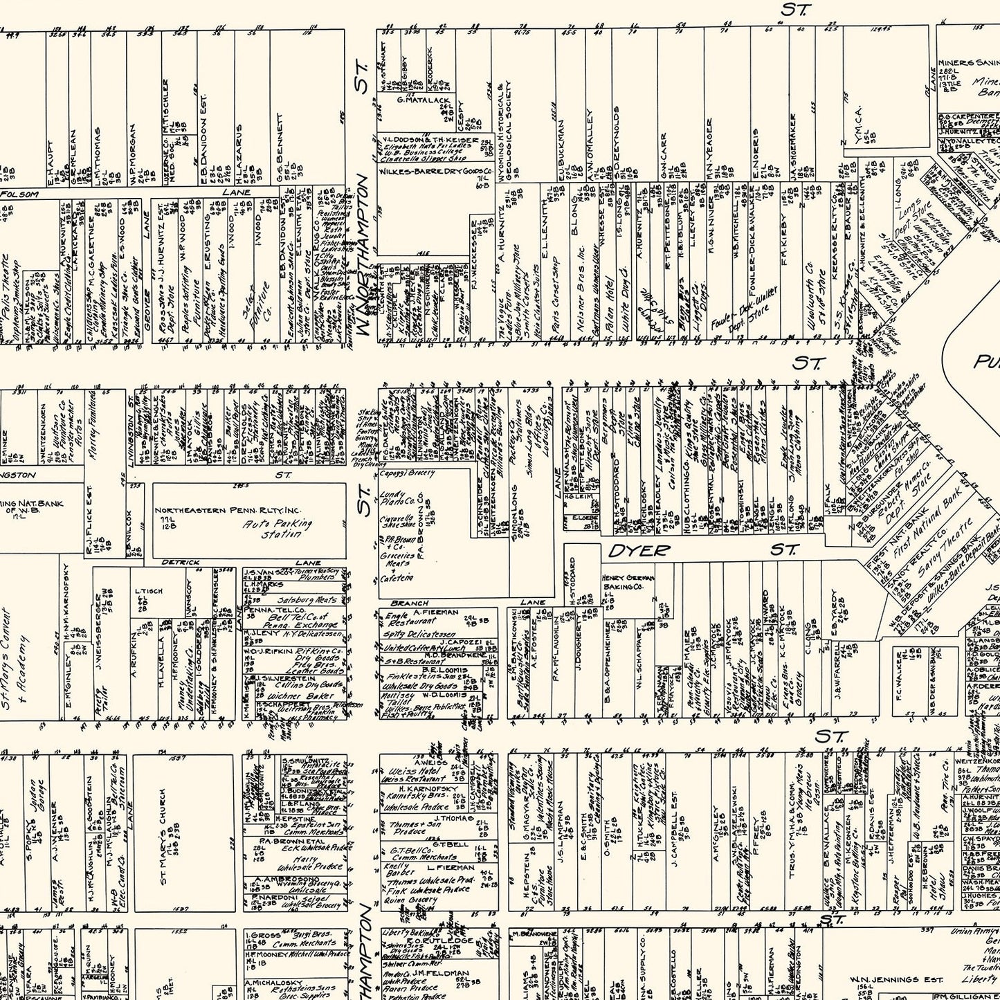 Vintage Map of Wilkes-Barre, PA Business Section 1929