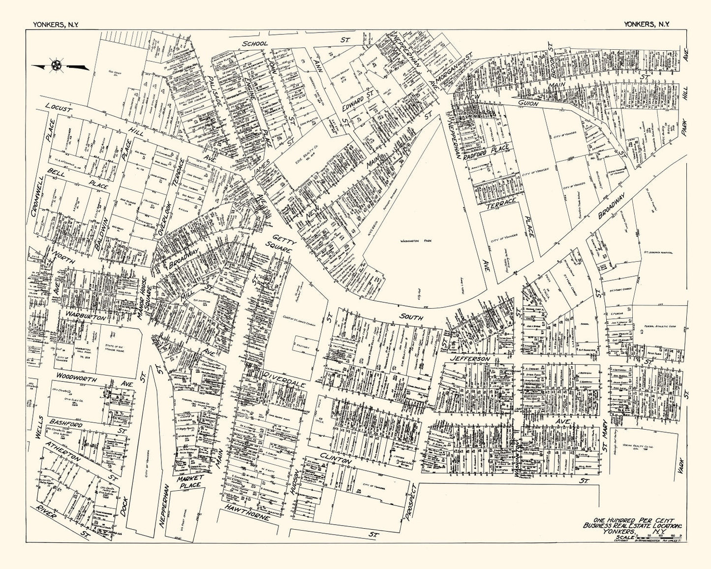 Vintage Map of Yonkers, NY Business Section 1929