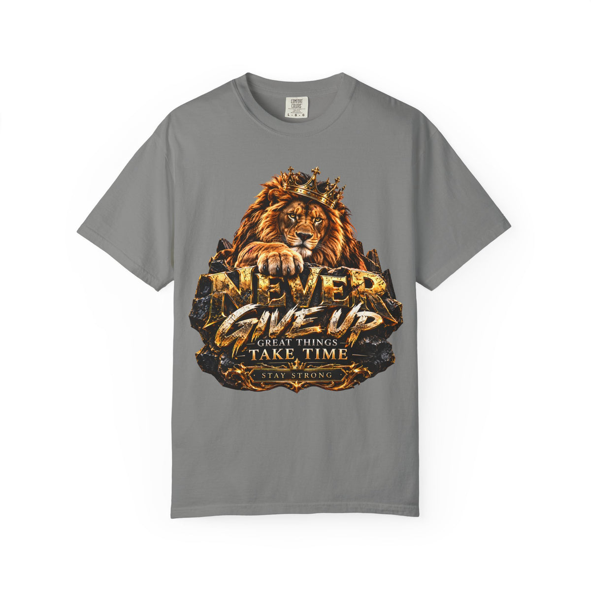 Lion Graphic T-Shirt — "Never Give Up: Great Things Take Time" Motivational Tee