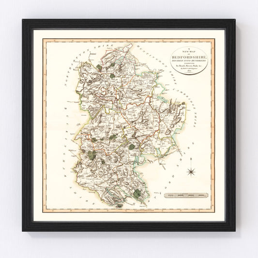 Vintage Map of Bedfordshire County England, 1801