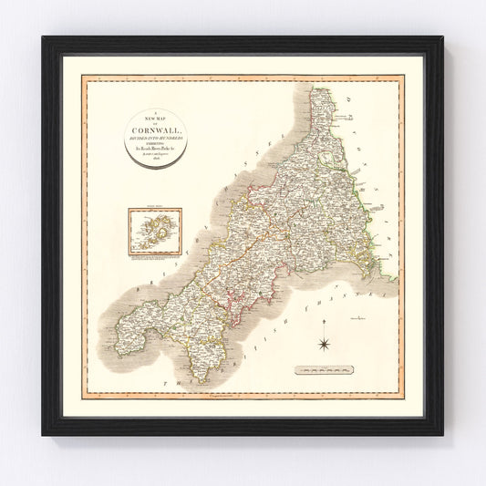 Vintage Map of Cornwall County England, 1806