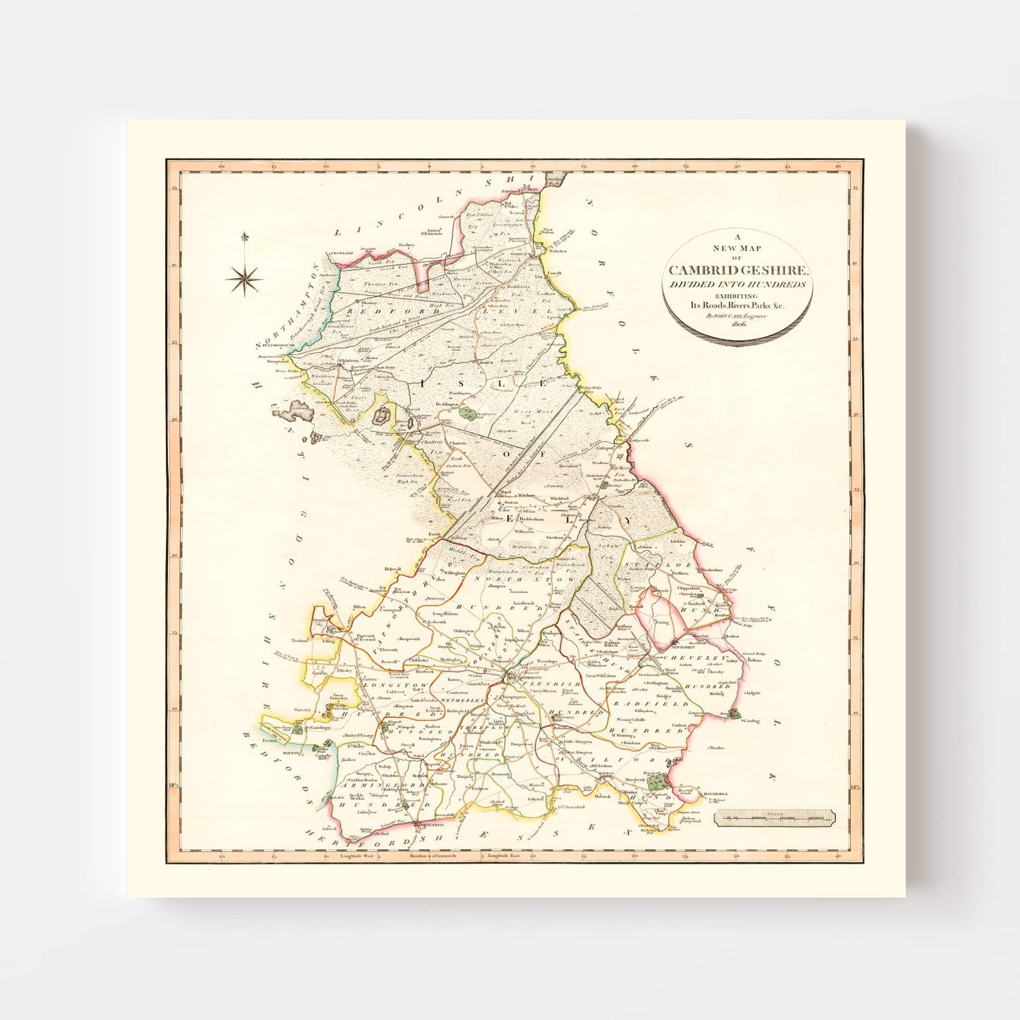 Vintage Map of Cambridgeshire County England, 1808
