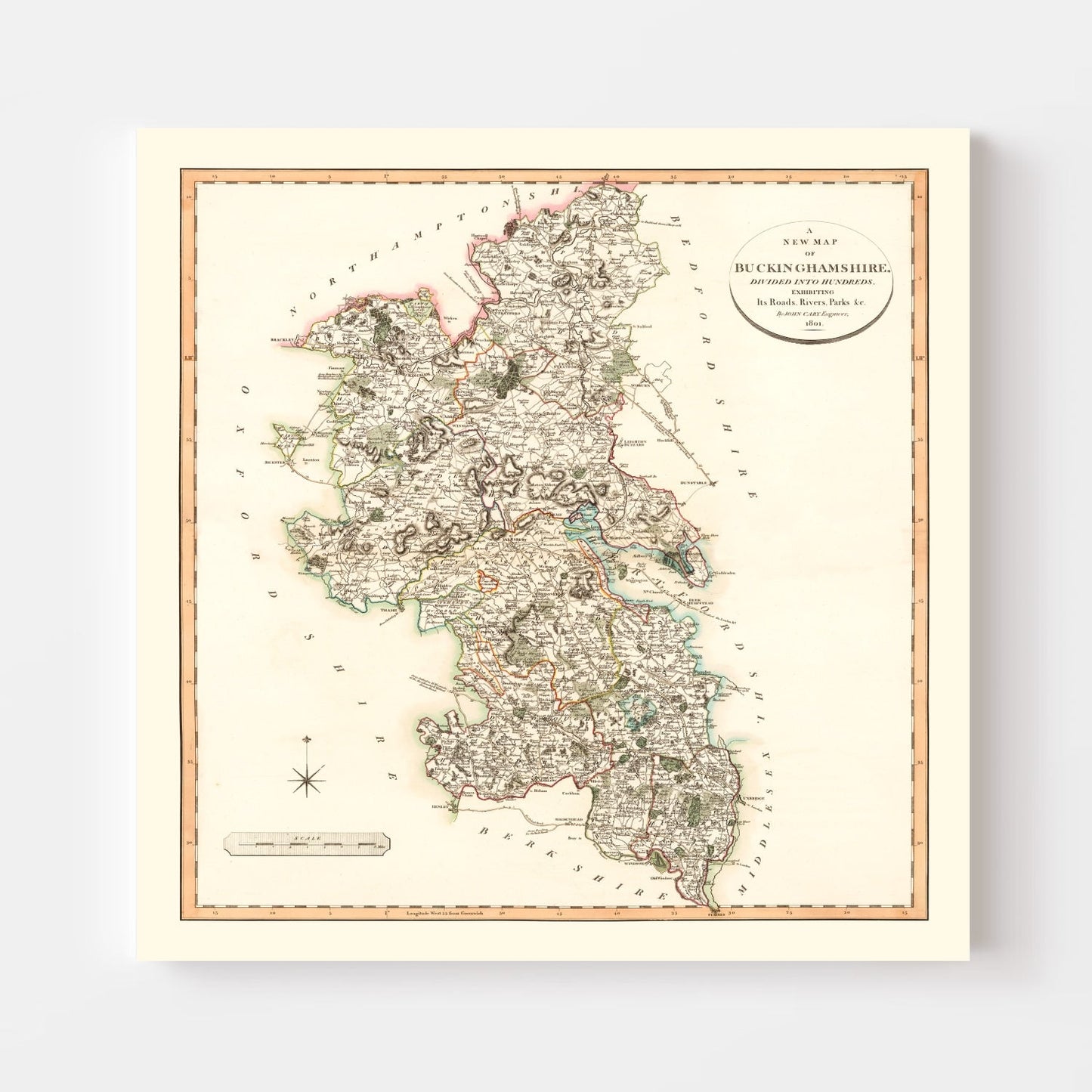 Vintage Map of Buckinghamshire County England, 1801