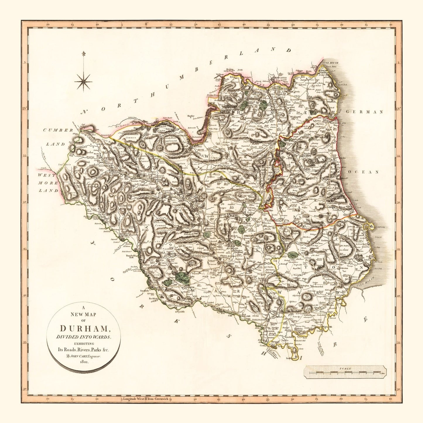 Vintage Map of Durham County England, 1801