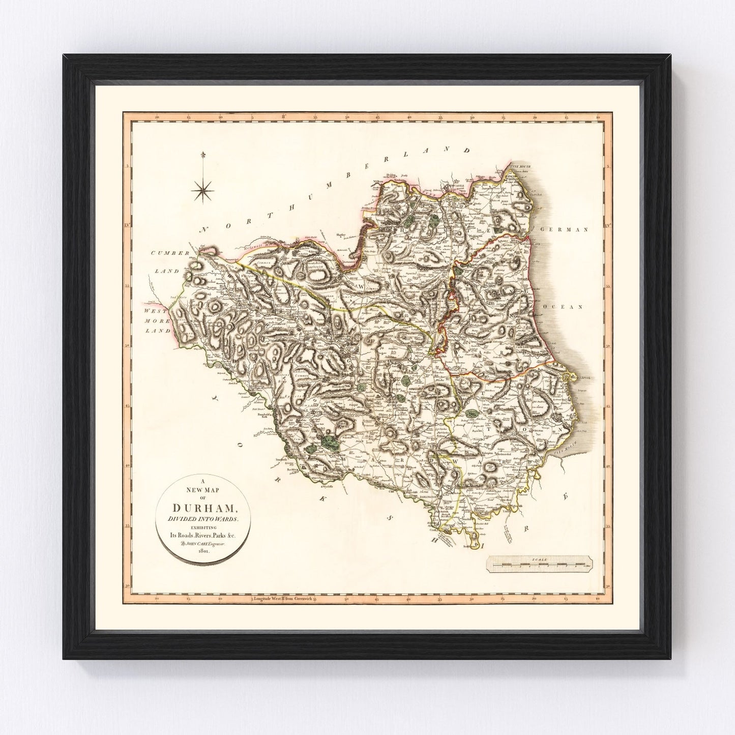 Vintage Map of Durham County England, 1801