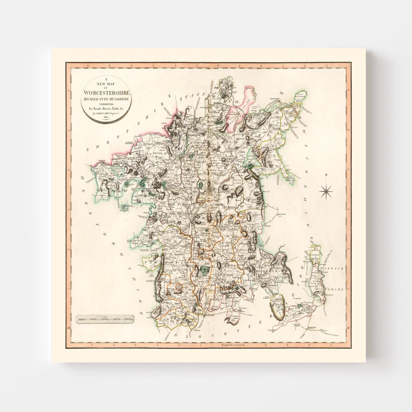Vintage Map of Worcestershire County England, 1801