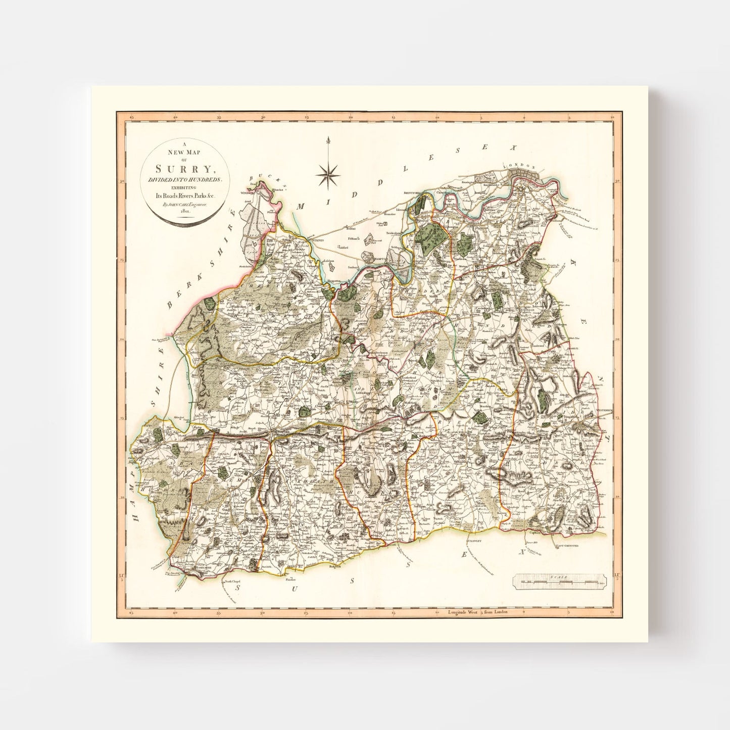 Vintage Map of Surry County England, 1801