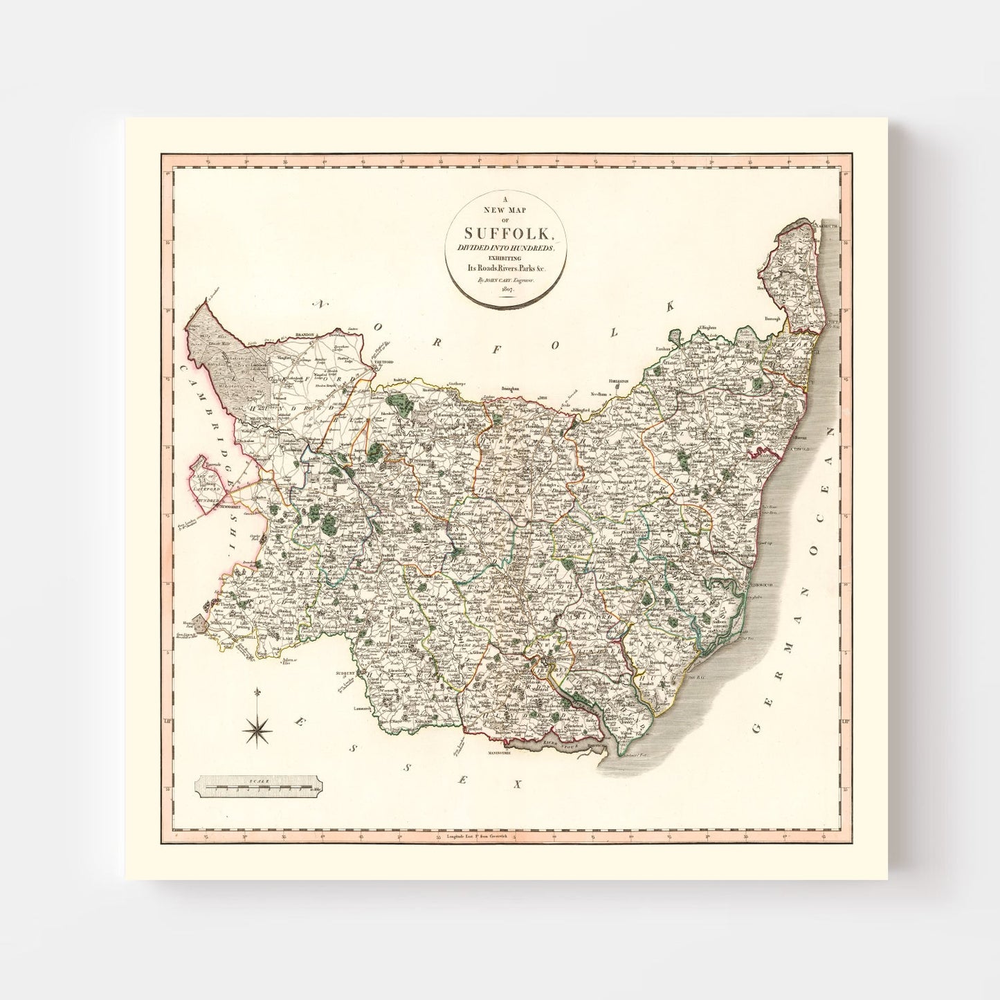Vintage Map of Suffolk County England, 1807