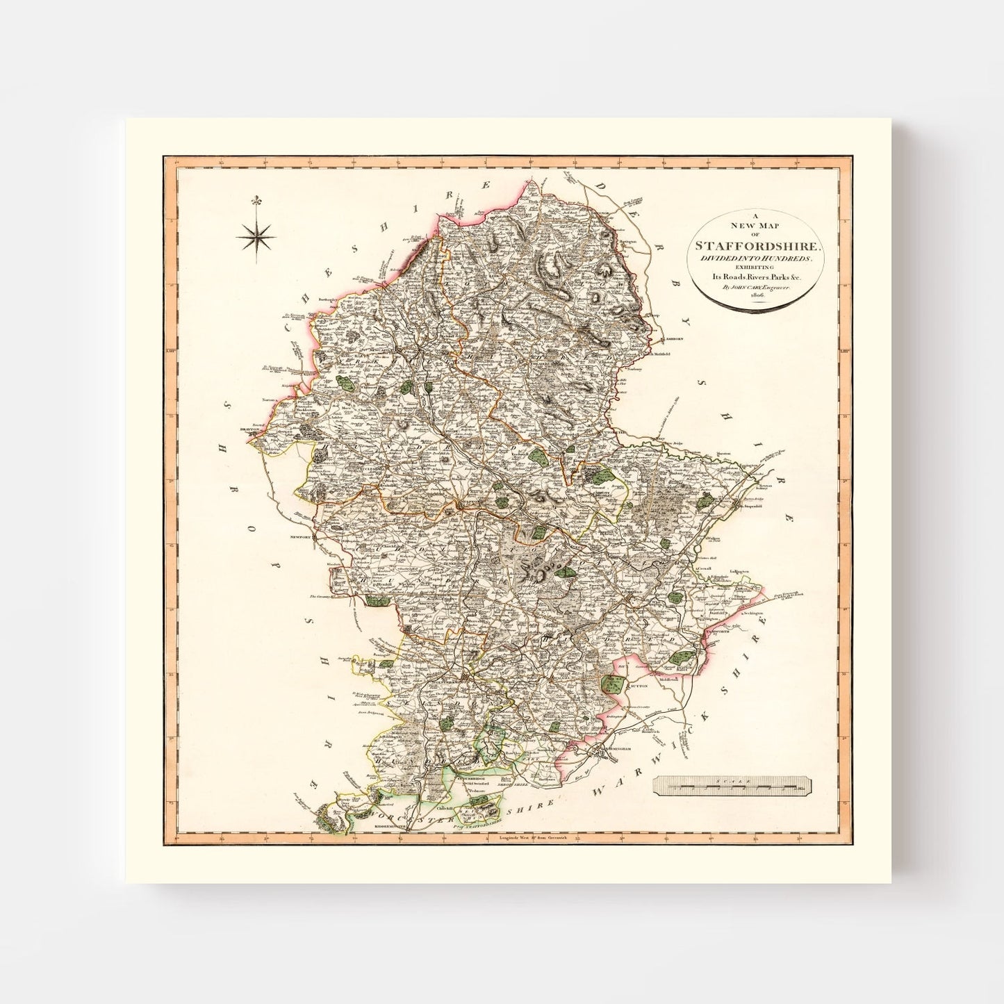 Vintage Map of Staffordshire County England, 1807