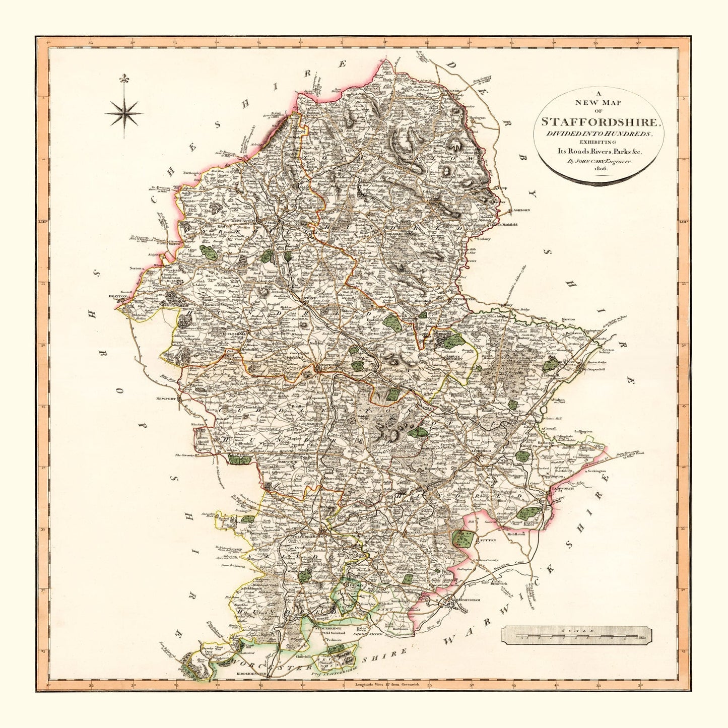Vintage Map of Staffordshire County England, 1807