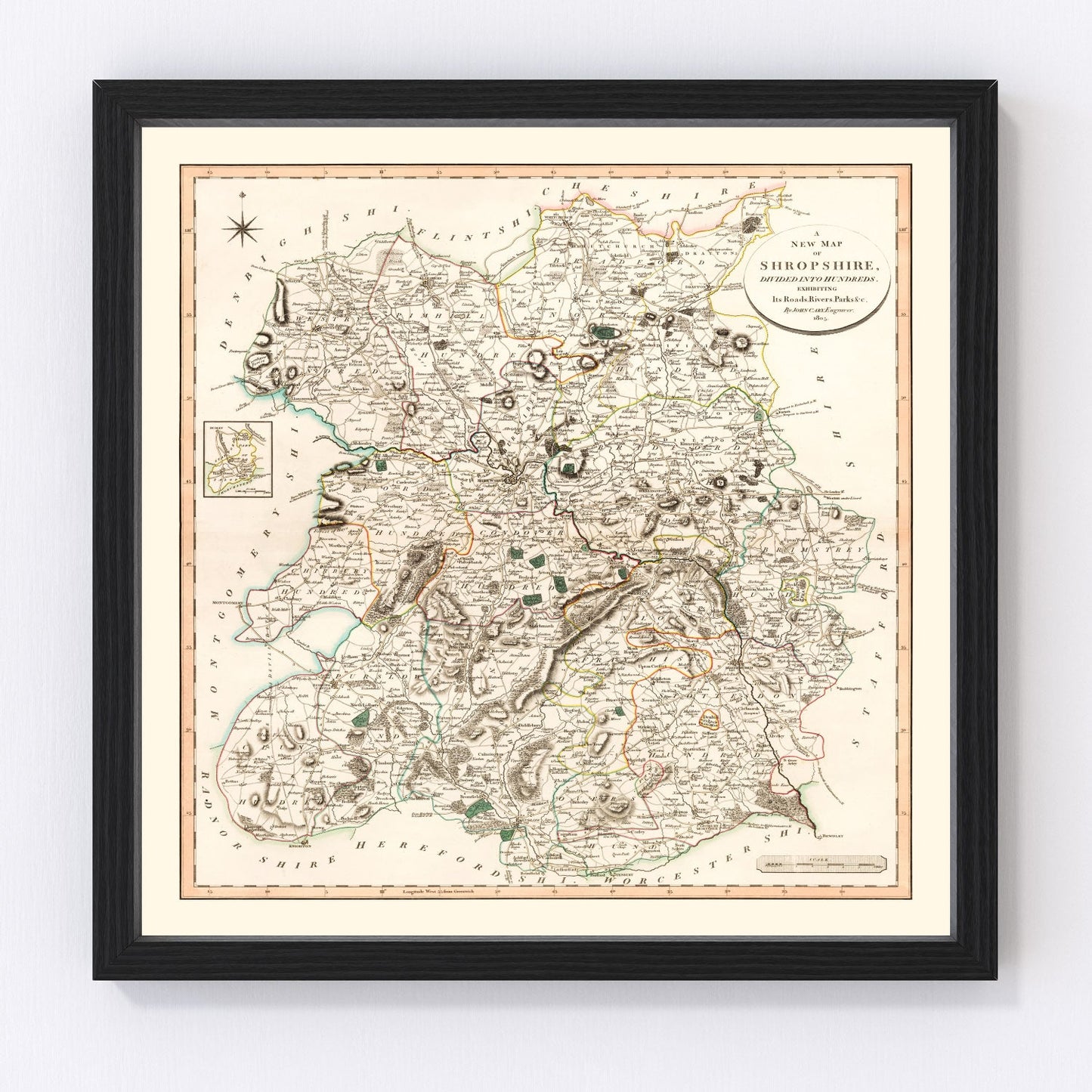 Vintage Map of Shropshire County England, 1805