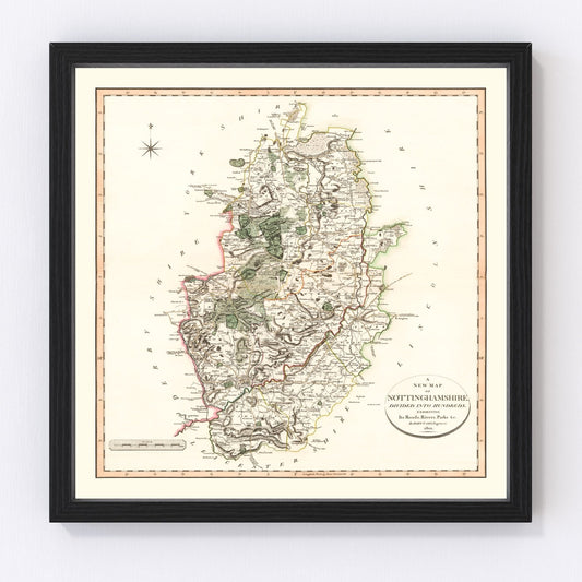 Vintage Map of Nottinghamshire County England, 1801