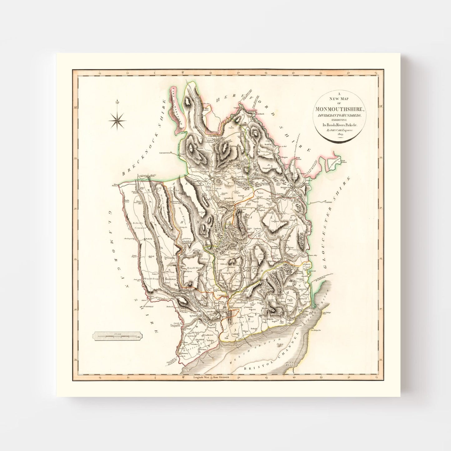 Vintage Map of Monmouthshire County England, 1809