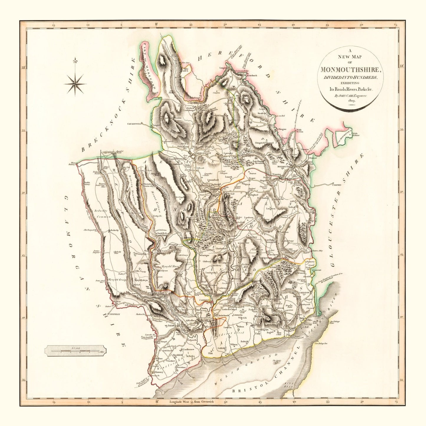 Vintage Map of Monmouthshire County England, 1809