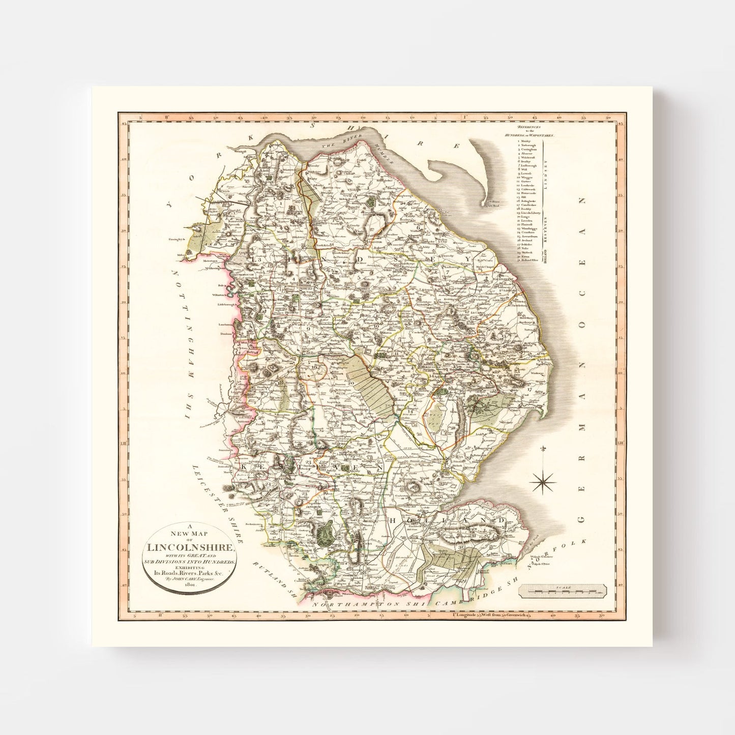 Vintage Map of Lincolnshire County England, 1801