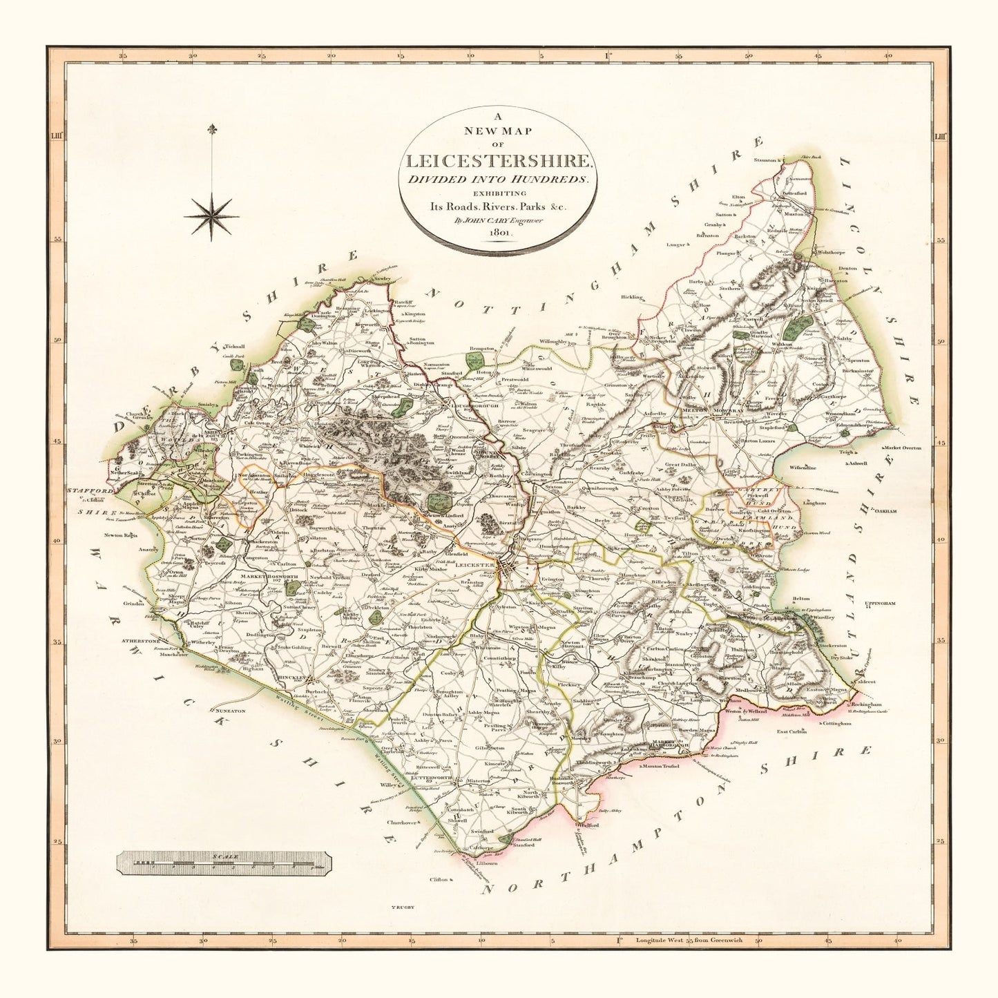 Vintage Map of Leicestershire County England, 1801