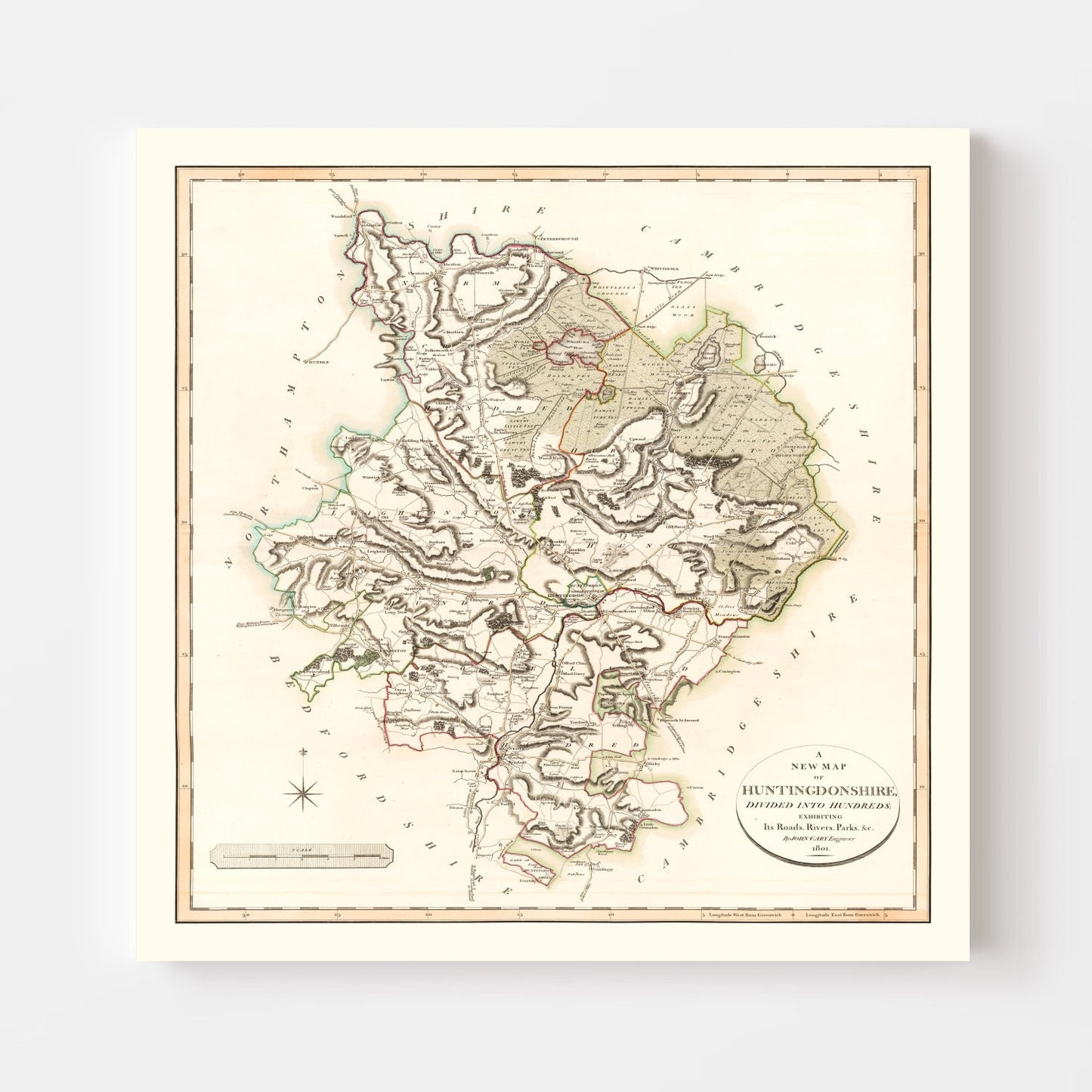 Vintage Map of Huntingdonshire County England, 1801