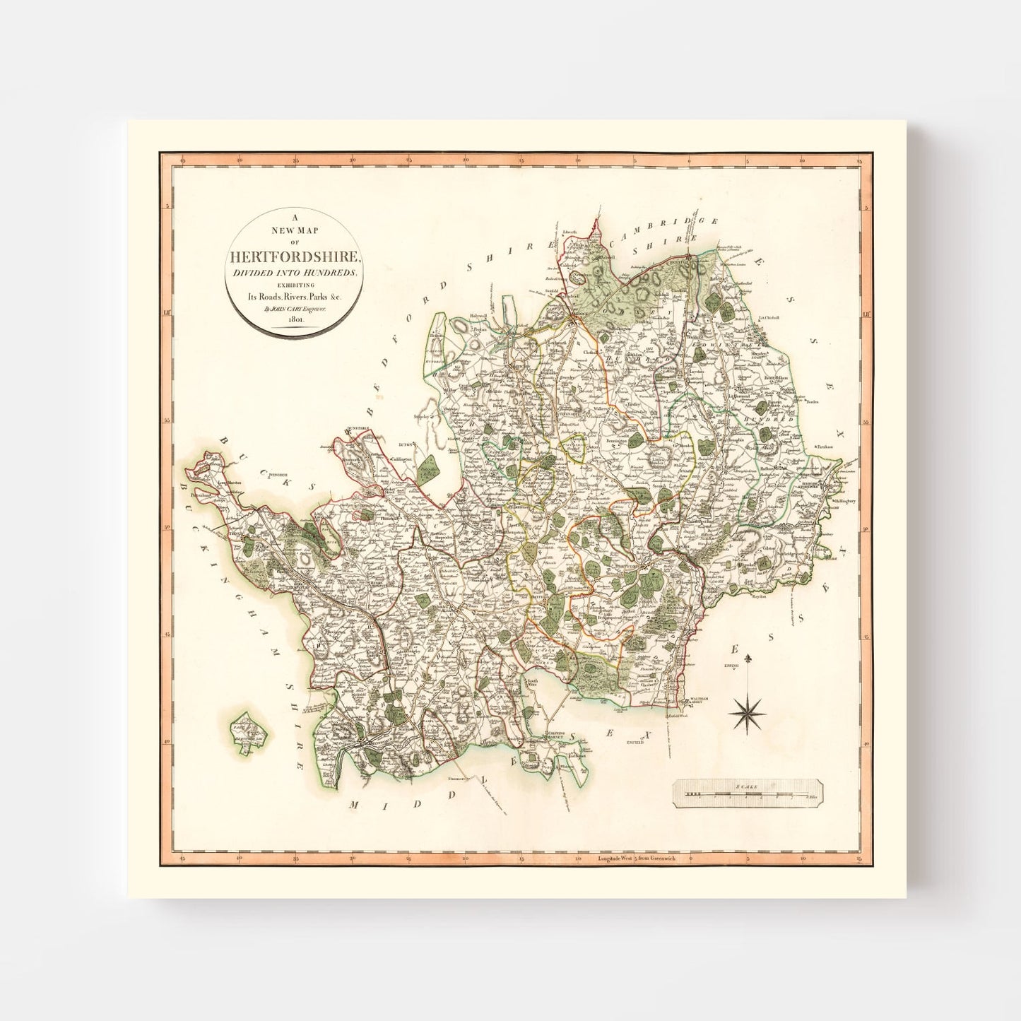Vintage Map of Hertfordshire County England, 1801