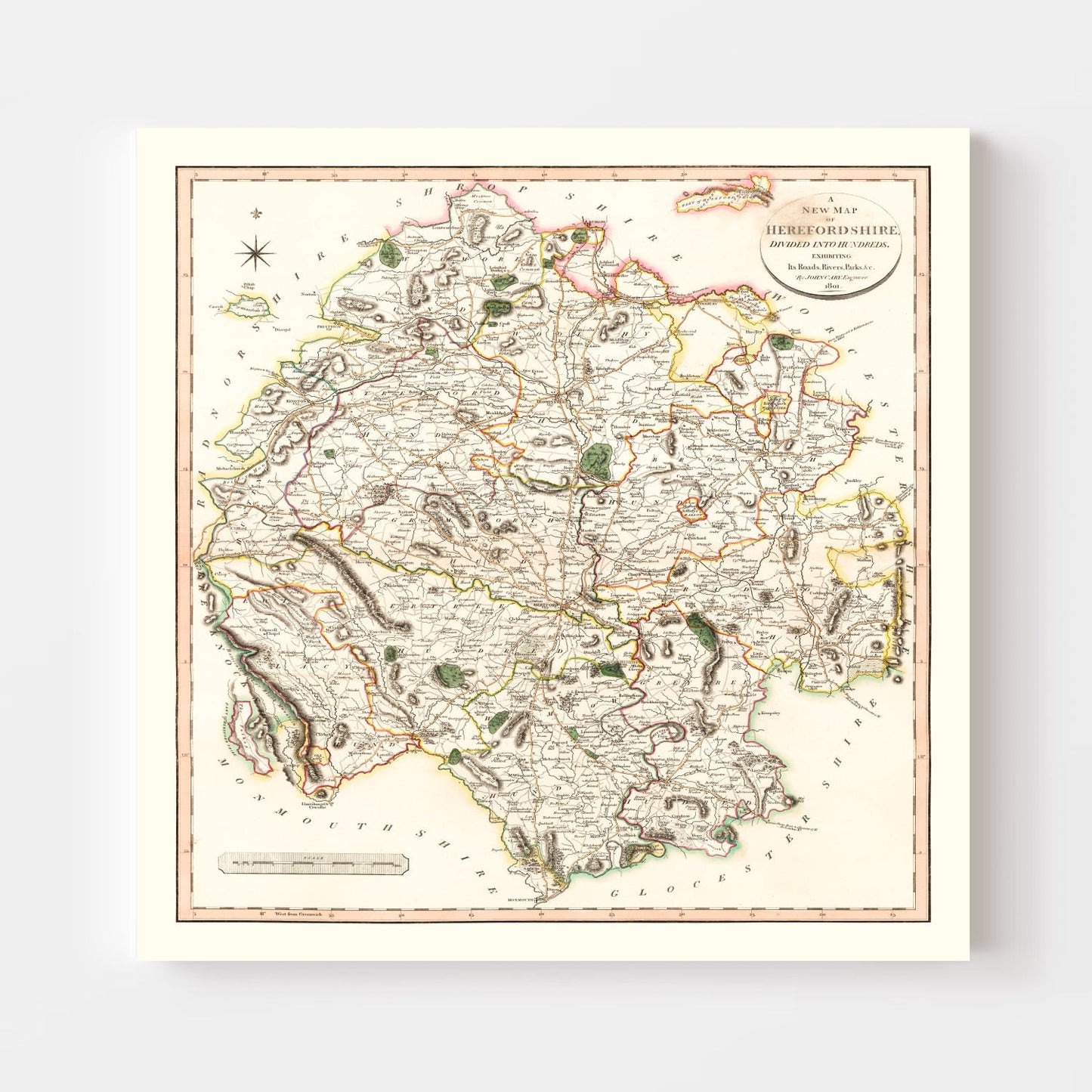 Vintage Map of Herefordshire County England, 1801