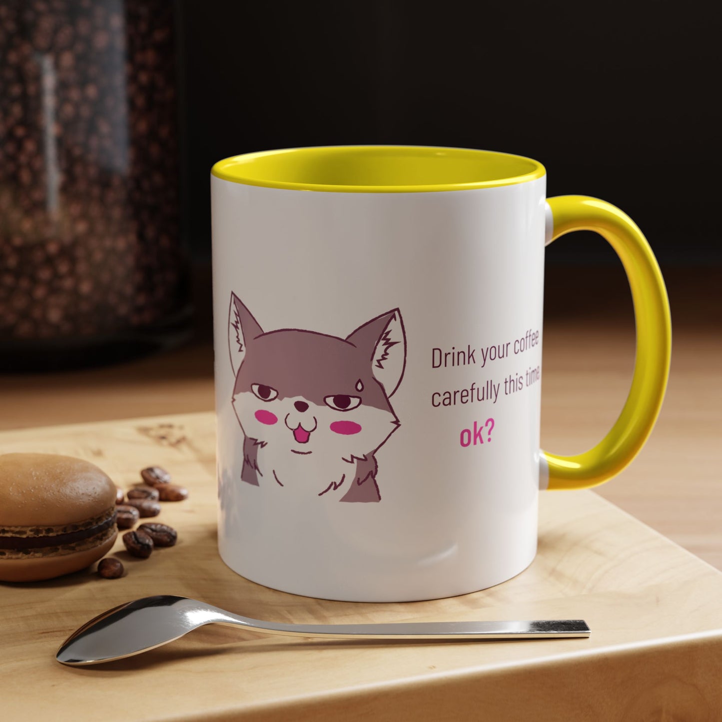 Accent Coffee Mug — Cute Shy Fox Design "Drink your coffee carefully this time, ok?"