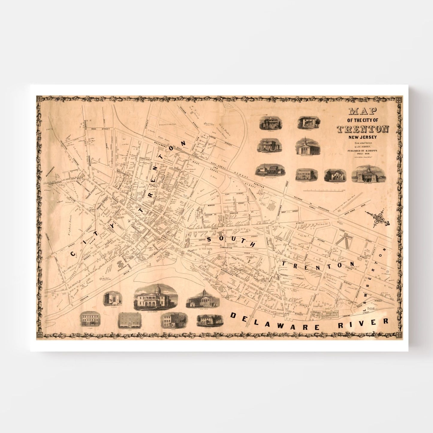 Vintage Map of Trenton, New Jersey 1849
