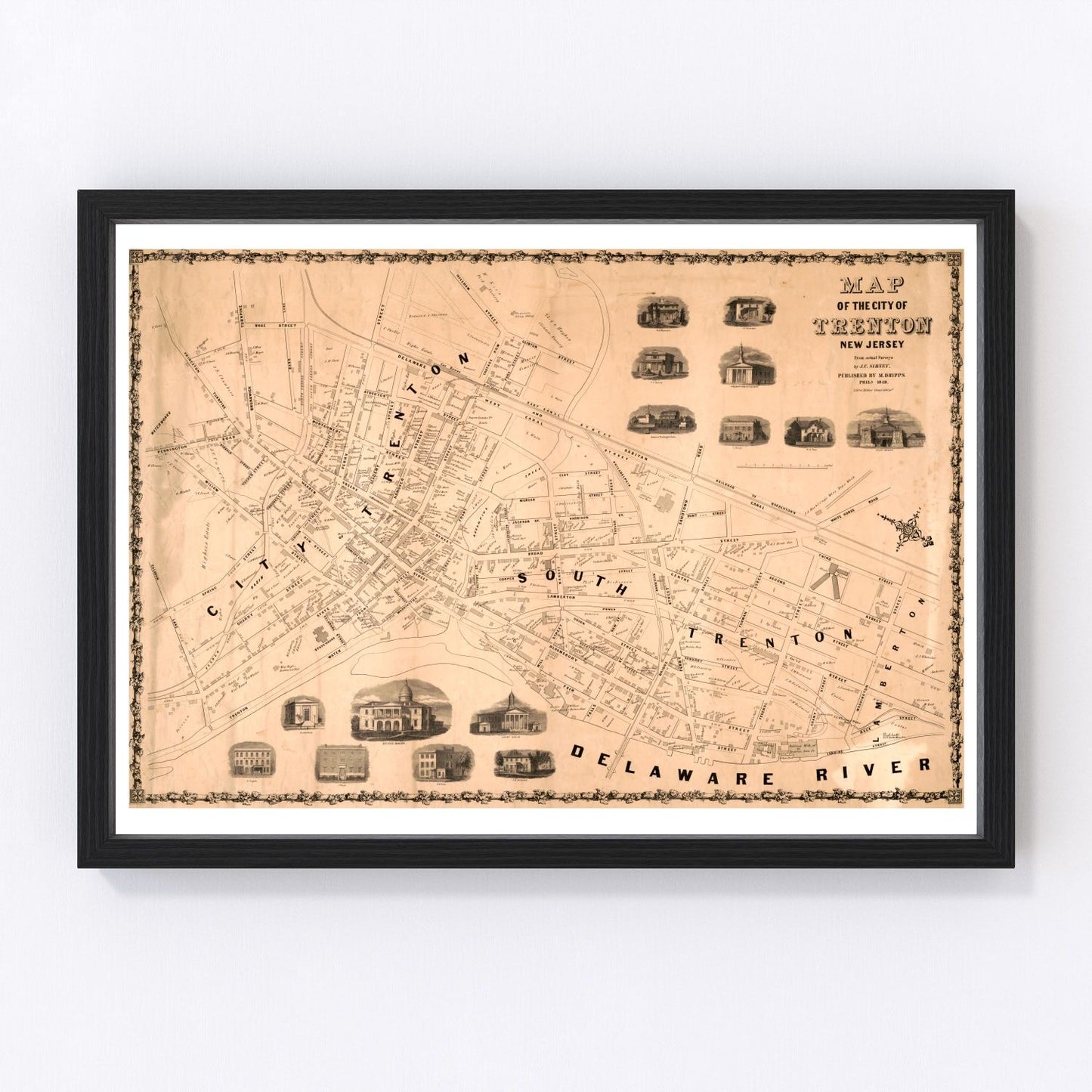Vintage Map of Trenton, New Jersey 1849