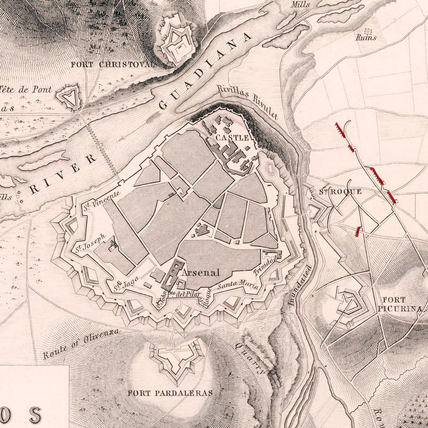 Vintage Map of the Siege of Badajos, 1812