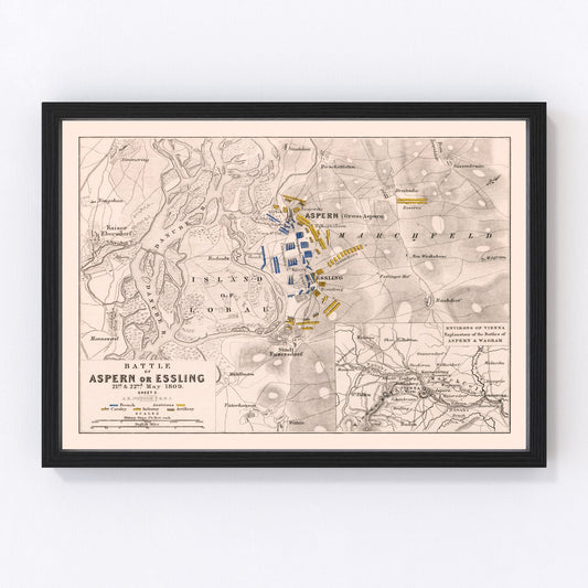 Vintage Map of the Battle of Aspern, 1809