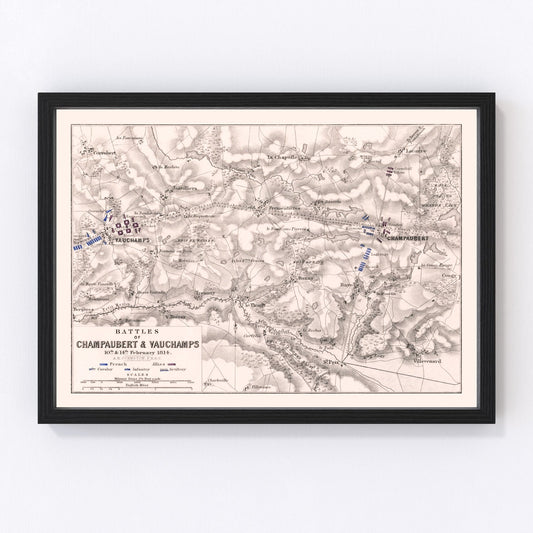 Vintage Map of the Battles of Champaubert & Vauchamps, 1814