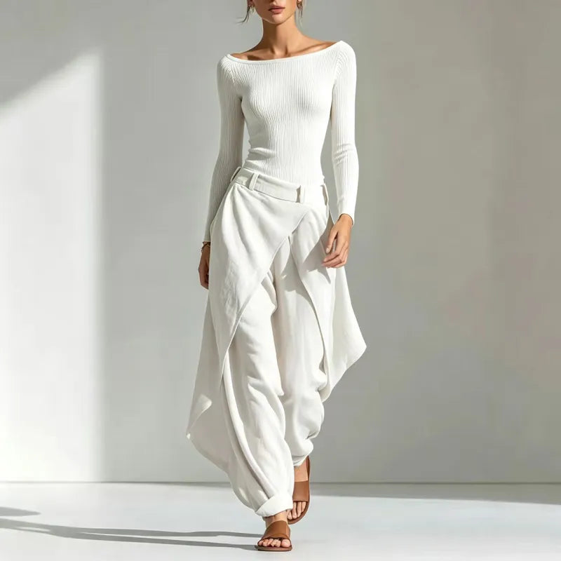 Women's Off-Shoulder Slim Top & Draped Wide Leg Pants Two-Piece Set