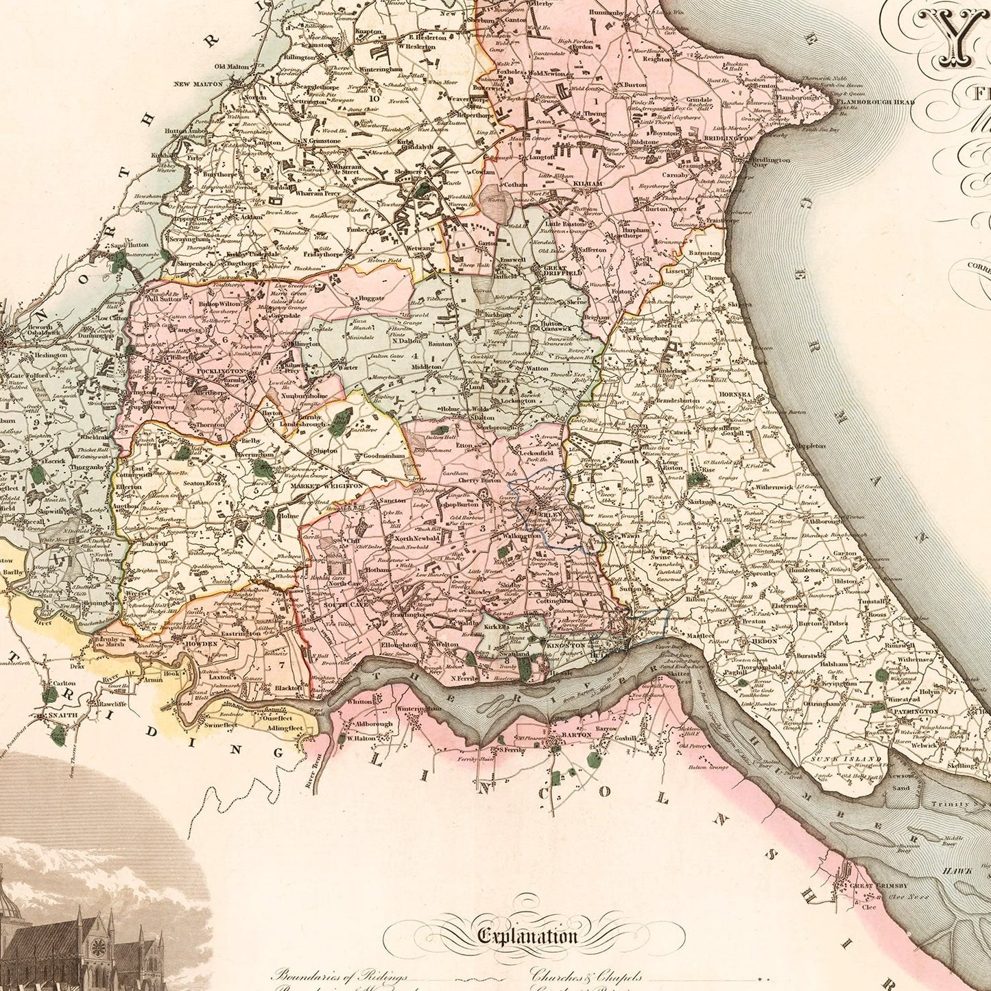 Vintage Map of East Riding of York County England, 1834