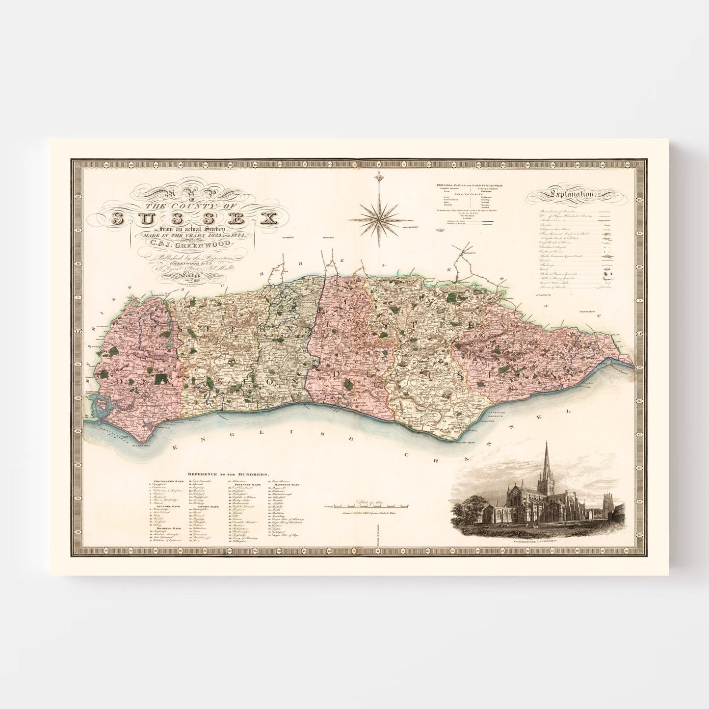 Vintage Map of Sussex England, 1829