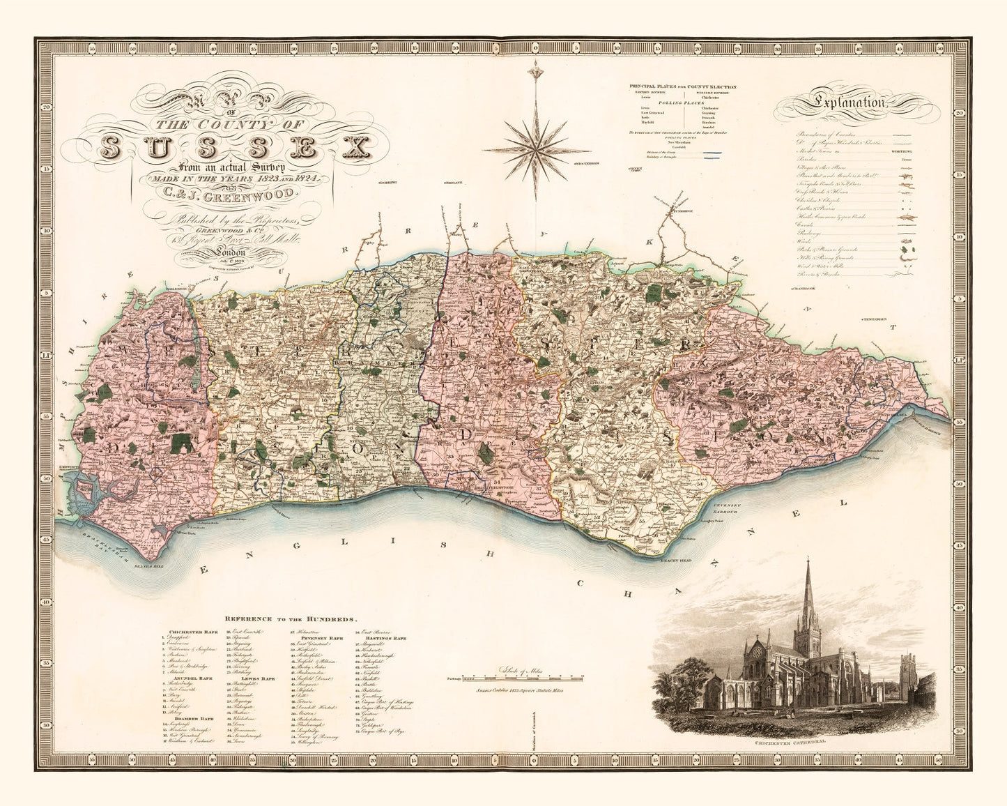 Vintage Map of Sussex England, 1829