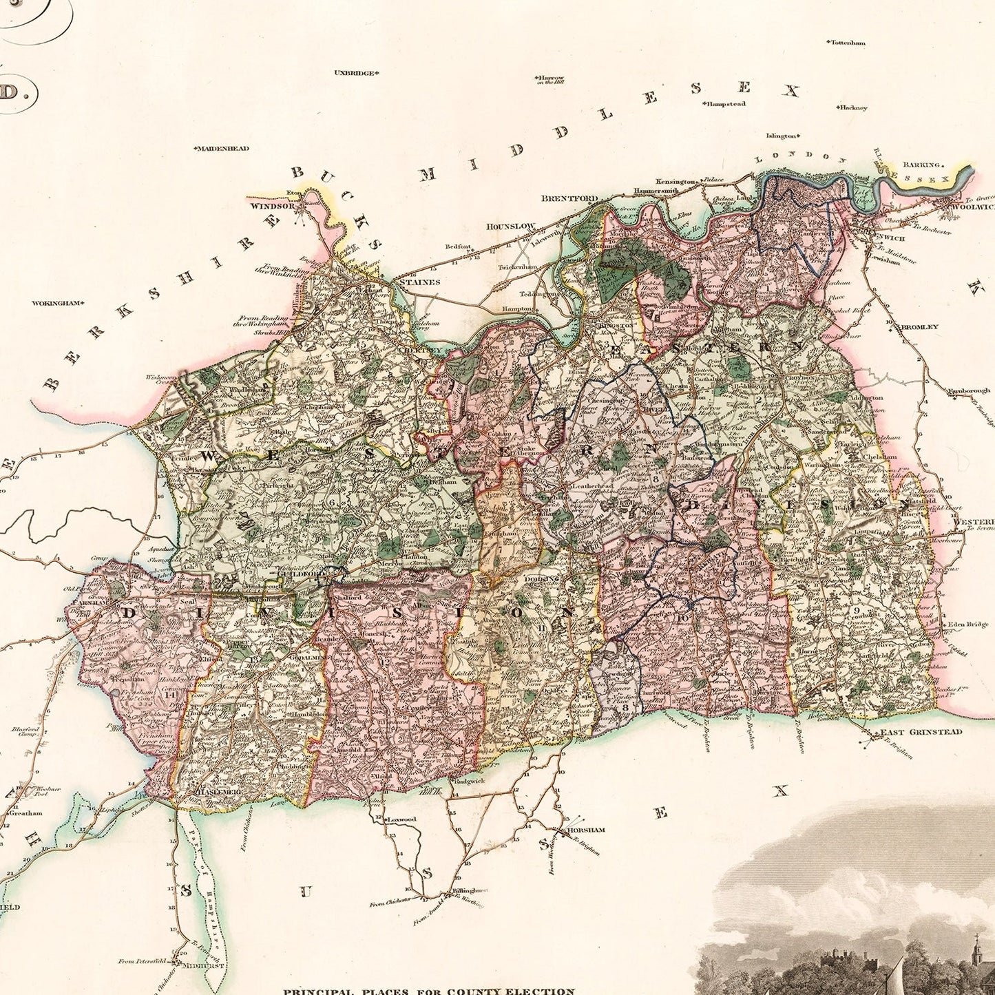Vintage Map of Surrey England, 1829