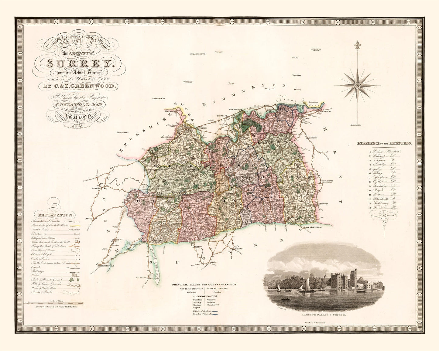 Vintage Map of Surrey England, 1829