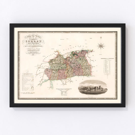 Vintage Map of Surrey England, 1829
