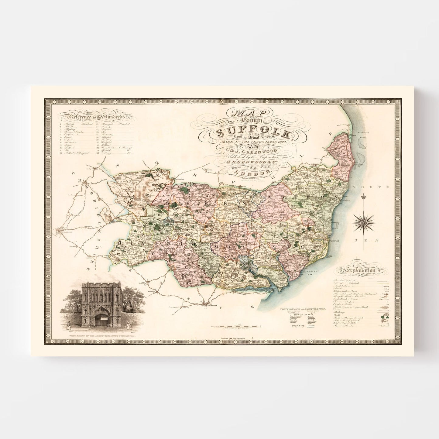 Vintage Map of Suffolk England, 1831