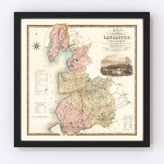Vintage Map of Map of the county palatine of Lancaster England, 1830