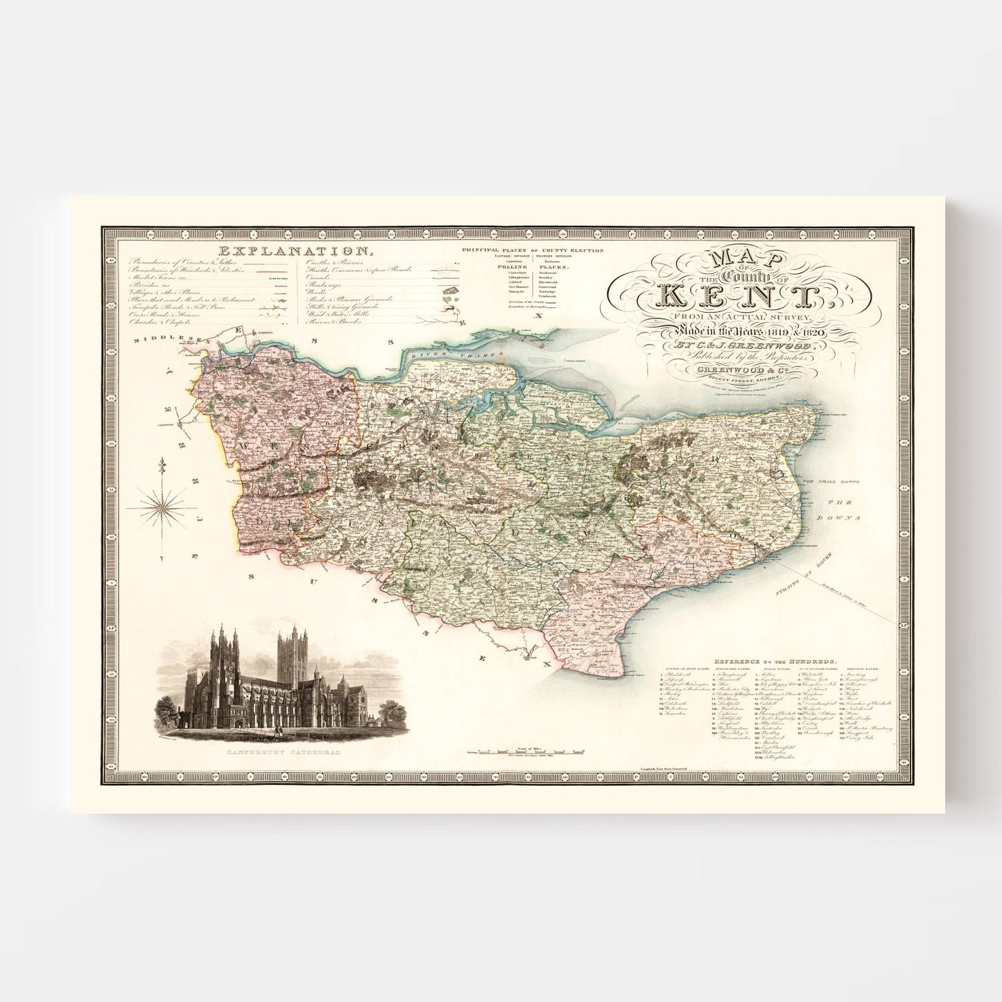 Vintage Map of Kent England, 1829