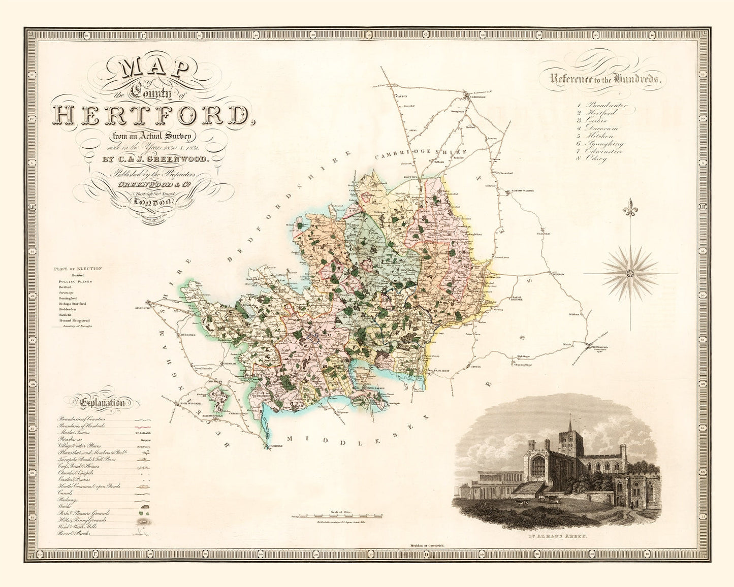 Vintage Map of Hertford England, 1834