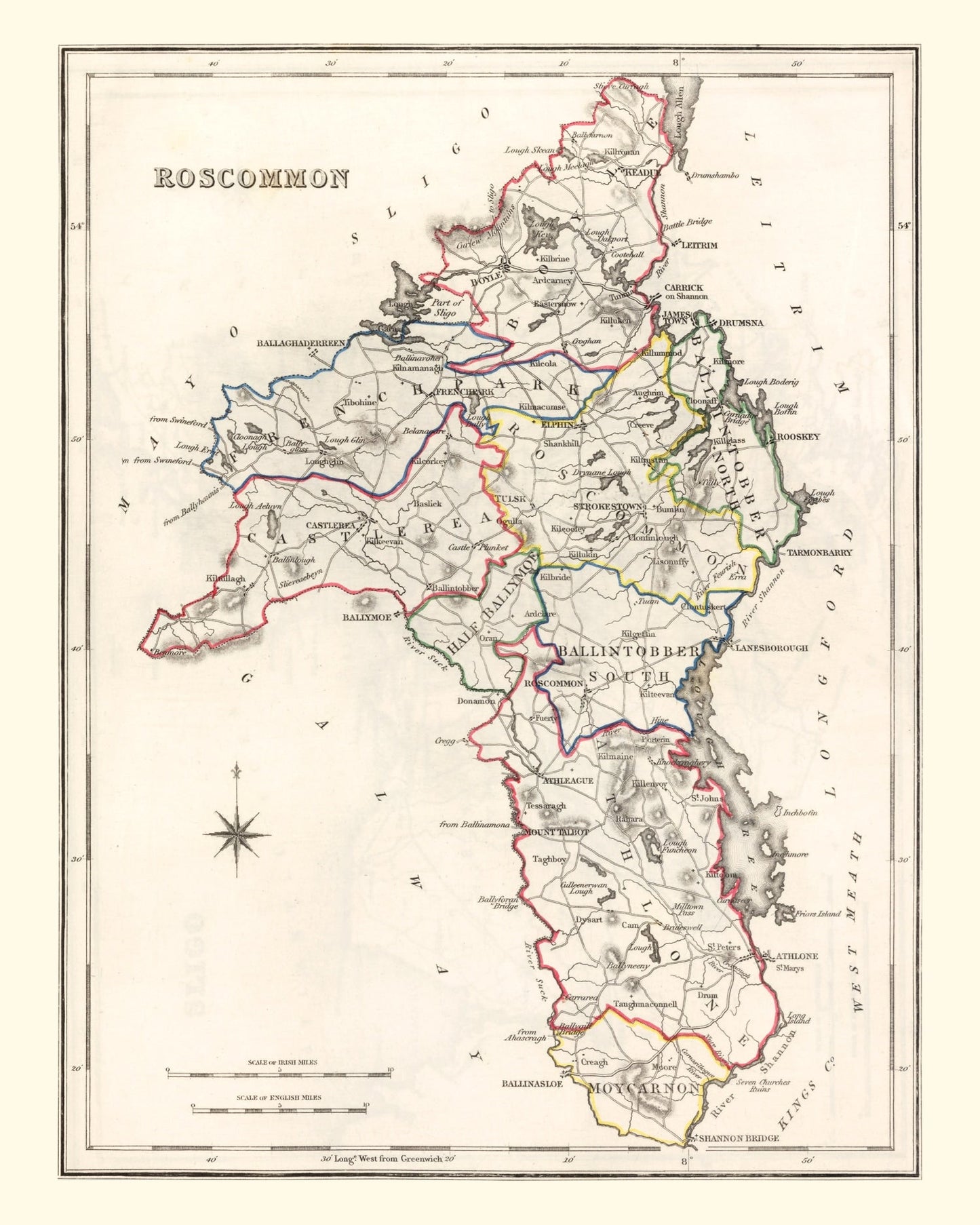 Vintage Map of Roscommon County Ireland, 1846