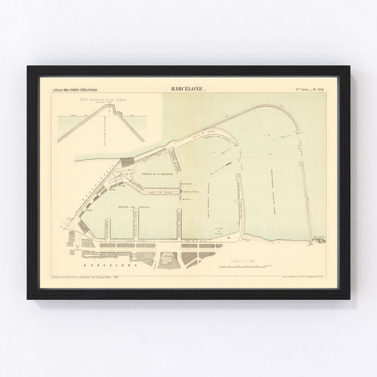Vintage Map of Barcelona, Spain 1883
