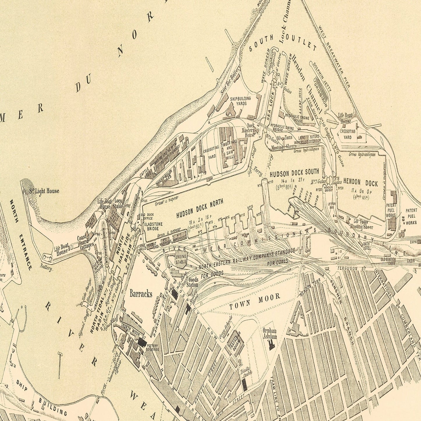 Vintage Map of Sunderland, England 1884